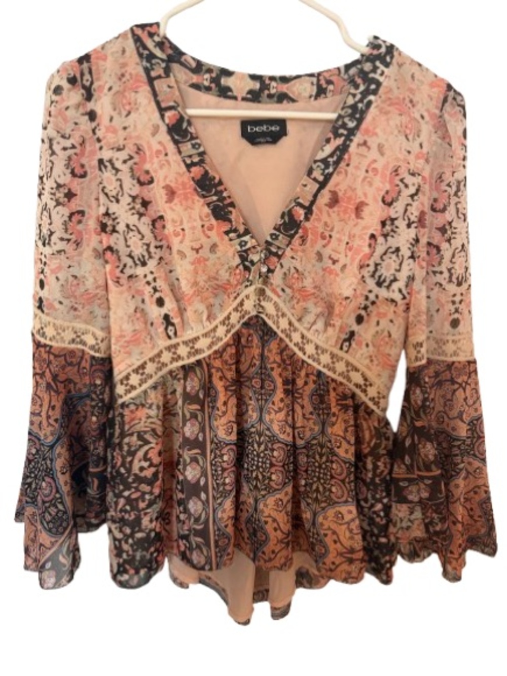 Vintage bebe Y2K Mixed Print Empire Waist V-Neck Peplum Top Bell Sleeves Size M
